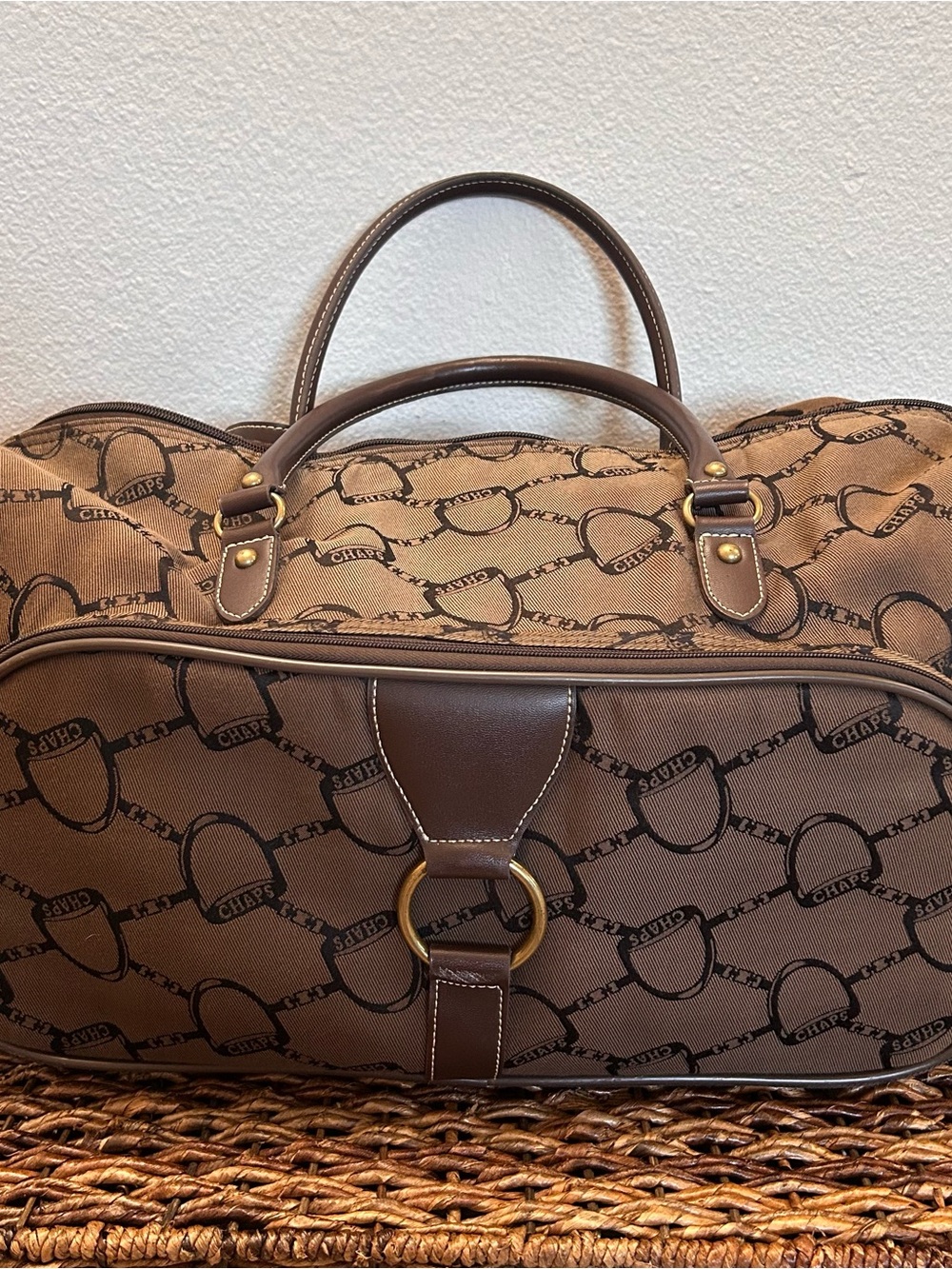 Chaps Brown Faux Leather Logo Soft-Sided Rolling Suitcase 18" Carry-On Wheels